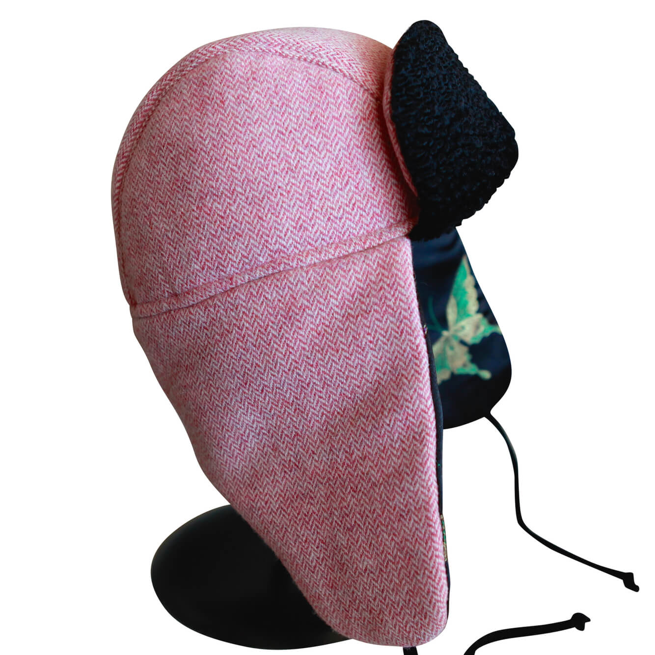 ASOS DESIGN reversible trapper hat with pink print in black